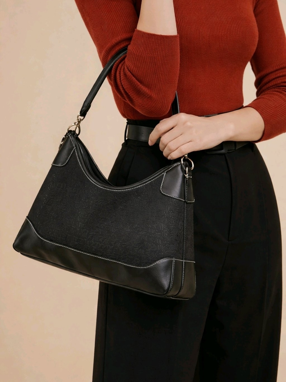 Anne Klein Black Hobo Shoulder Bag with Leather Trim